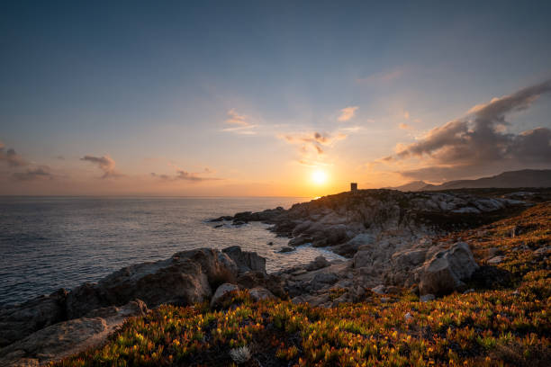 istock Sun rising behind genoese tower in Corsica 1257754920