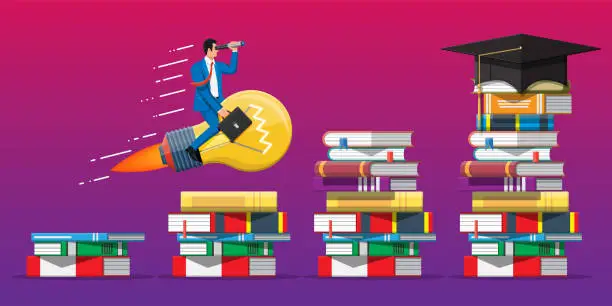 Vector illustration of Businessman on stack of books.