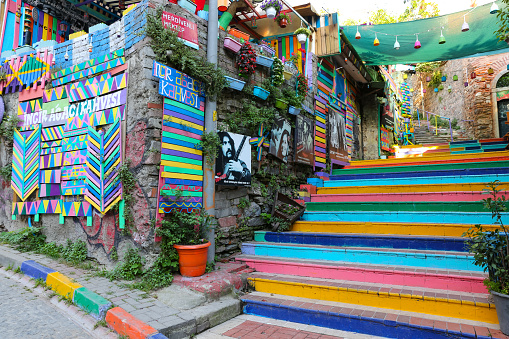 Istanbul, Turkey - JULY 11, 2020: Street with Colorful Stairs in Fener District