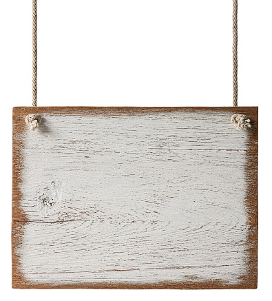 Old weathered white teak wood sign/signboard wood panel hanging by old ropes against an isolated white background. Lots of texture, and worn wood character Good copy space. Isolated on white, clipping path included.