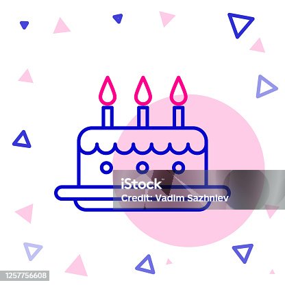 istock Line Cake with burning candles icon isolated on white background. Happy Birthday. Colorful outline concept. Vector Illustration 1257756608