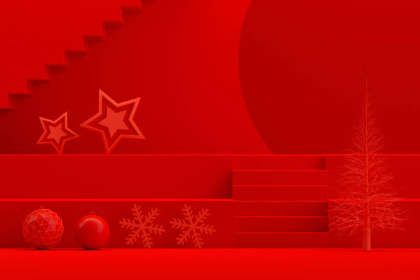 istock Christmas New Year Concept, Red Background, Staircase Stand Podium 1257757790