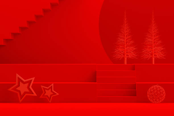 istock Christmas New Year Concept, Red Background, Staircase Stand Podium 1257757906