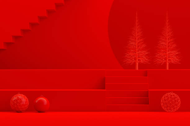 istock Christmas New Year Concept, Red Background, Staircase Stand Podium 1257757968