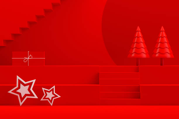 istock Christmas New Year Concept, Red Background, Staircase Stand Podium 1257759241