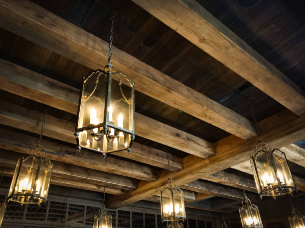 istock Lanterns hanging from a wooden ceiling 1257759483