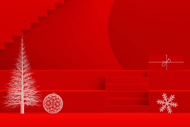 istock Christmas New Year Concept, Red Background, Staircase Stand Podium 1257759544
