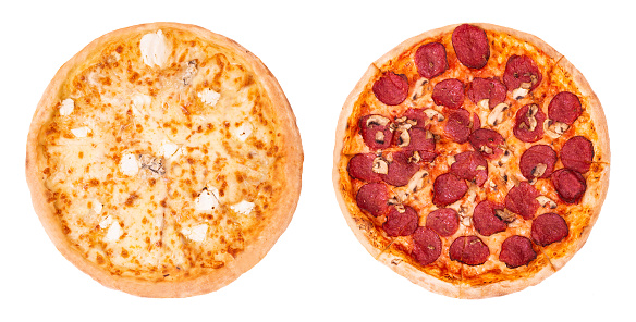 Set of two delicious pizza isolated on white background, top view. Pizza quattro formaggi and pizza with salami and mushrooms