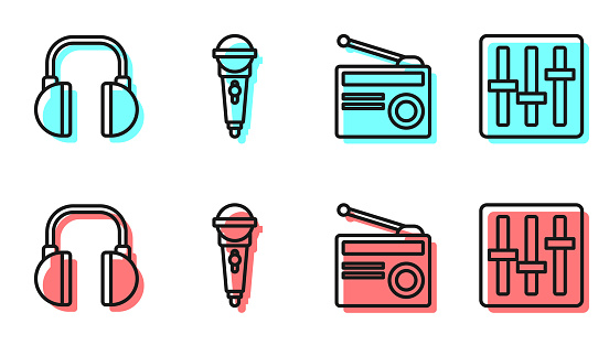 Set line Radio with antenna, Headphones, Microphone and Sound mixer controller icon. Vector