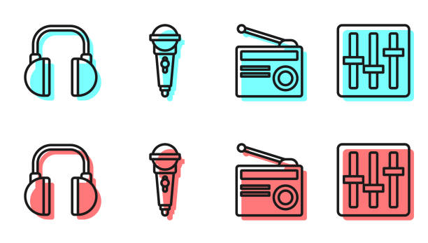Set line Radio with antenna, Headphones, Microphone and Sound mixer controller icon. Vector Set line Radio with antenna, Headphones, Microphone and Sound mixer controller icon. Vector radio icons stock illustrations