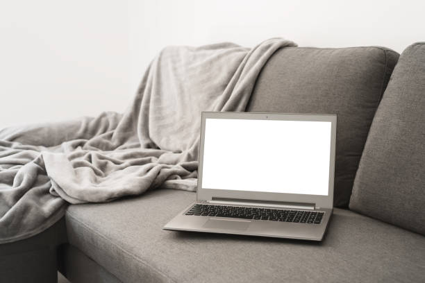 istock Laptop with white screen on gray sofa bed in the living room. Work or study from home concept 1257762066