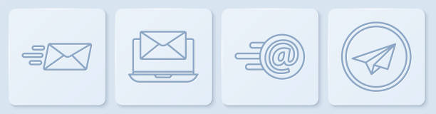 illustrations, cliparts, dessins animés et icônes de set line enveloppe express, mail et e-mail, ordinateur portable avec enveloppe et plan papier. bouton carré blanc. vecteur - air mail