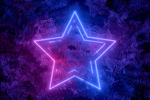 3d rendering of Neon Light Empty Frame with Christmas Tree, New Year Background. Purple, pink and blue colors.