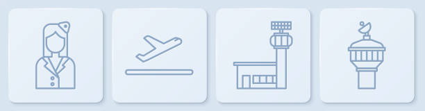 ilustraciones, imágenes clip art, dibujos animados e iconos de stock de establezca la línea stewardess, la torre de control del aeropuerto, el despegue del avión y el radar. botón cuadrado blanco. vector - takeoff
