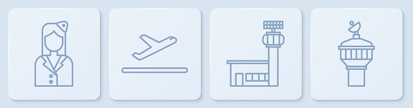 Set line Stewardess, Airport control tower, Plane takeoff and Radar. White square button. Vector