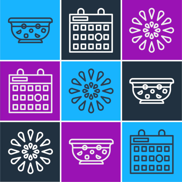 Set line Mixed punch in bowl, Firework and Birthday calendar icon. Vector Set line Mixed punch in bowl, Firework and Birthday calendar icon. Vector 토토 시작 stock illustrations