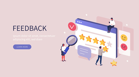People Characters Giving Five Star Feedback. Clients Choosing Satisfaction Rating and Leaving Positive Review. Customer Service and User Experience Concept. Flat Isometric Vector Illustration.