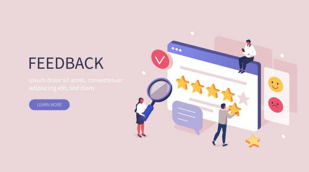 feedback People Characters Giving Five Star Feedback. Clients Choosing Satisfaction Rating and Leaving Positive Review. Customer Service and User Experience Concept. Flat Isometric Vector Illustration. feedback stock illustrations
