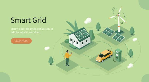 smart grid Smart Grid Technology with Renewable Energy. Wind Electricity Generators and Solar Panels Connected to Smart House and Electric Car. Sustainability and Eco Energy. Flat Isometric Vector Illustration. environment illustrations stock illustrations