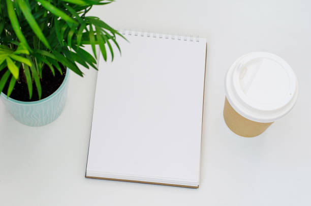 istock creative process. blank sheet of spiral notebook, coffee, home plant on a white background. 1257765835