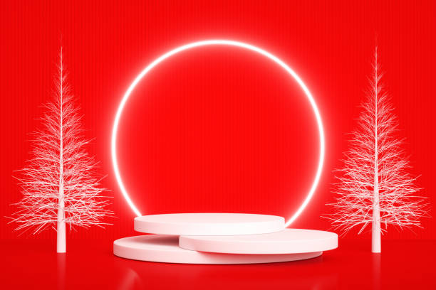 istock Christmas New Year Concept, Empty Product Stand, Platform, Podium, Neon Circle Frame, Red Background 1257767552