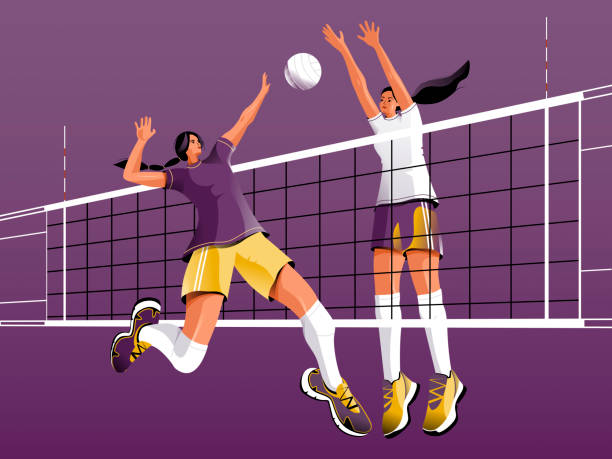 ilustraciones, imágenes clip art, dibujos animados e iconos de stock de juego de voleibol femenino - volleyball volleying women female