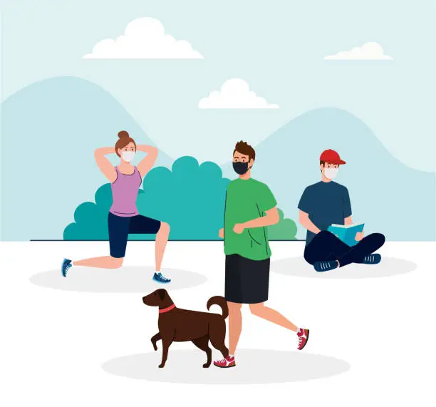 Vector illustration of social distancing, young people wearing medical mask, practicing sport and doing activities outdoor, coronavirus covid 19 prevention