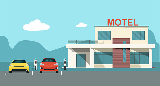 Modern motel with electric car parking and charging stations. Vector flat style illustration.
