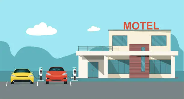 Vector illustration of Modern motel with electric car parking and charging stations. Vector flat style illustration.