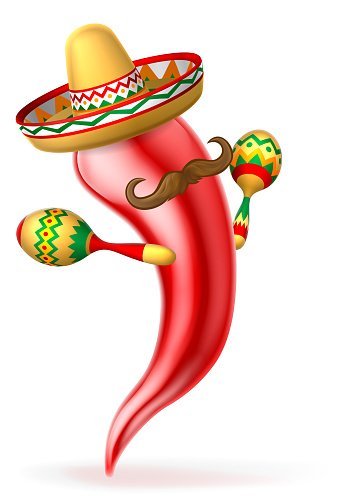 A red pepper character with moustache shaking maracas and wearing Mexican sombrero hat