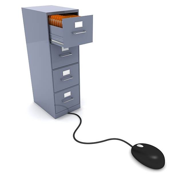 archiviazione di dati informatici - filing cabinet archives computer mouse file foto e immagini stock