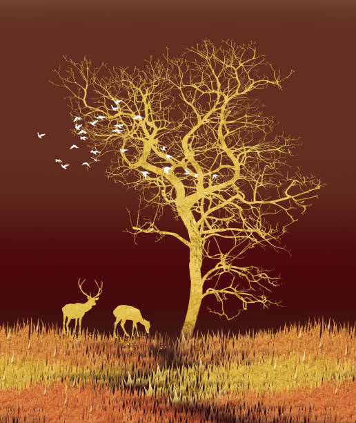 3d mural wallpaper with dark brown background . flowers branches, deer butterfly and clouds. Antelope . birds ,mountain, tree , sun in background . Suitable for use on a wall frame