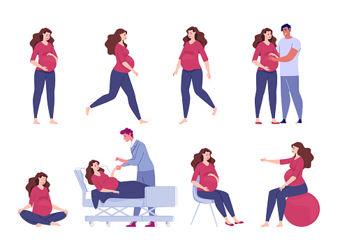 Pregnant woman. Seeing a doctor, walking, exercise with a ball, meditation, sitting relaxation. A loving husband hugs his pregnant wife and holds his hand on his stomach. Vector. illustration.