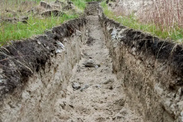 Photo of A trench in the ground for laying communications