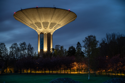 Helsinki / FInland - MAY 19, 2020: Roihuvuori water tower, operated by Helsinki Region Environmental Services Authority HSY,  is one of only four operating water reservoirs in the capital.