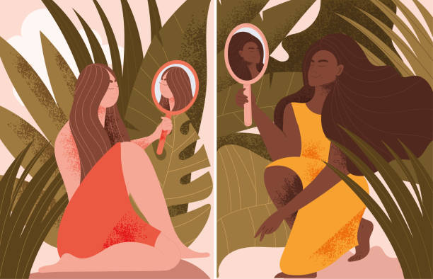 ilustrações de stock, clip art, desenhos animados e ícones de two scenes showing woman holding mirrors in nature - self love