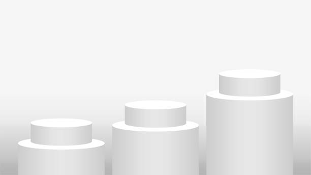 istock pedestal cylinder circle 3 steps for cosmetics showcase, podium circle stage white grey and silver color, platform three steps and advertising copy space, podium round five layers of product display 1257784519