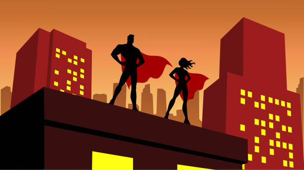 illustrations, cliparts, dessins animés et icônes de silhouette de couple de super-héros de vecteur dans une illustration de stock de ville - superhero human muscle men city