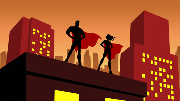 Vector Superhero Couple Silhouette in a City Stock Illustration vector art illustration