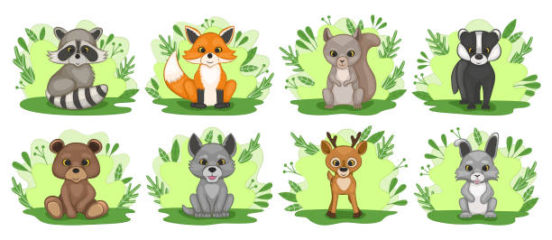 Set of cute forest baby animals. Fox, wolf, bear, hare, raccoon, deer, badger, squirrel. Cartoon style. Vector illustration. hare and leveret stock illustrations