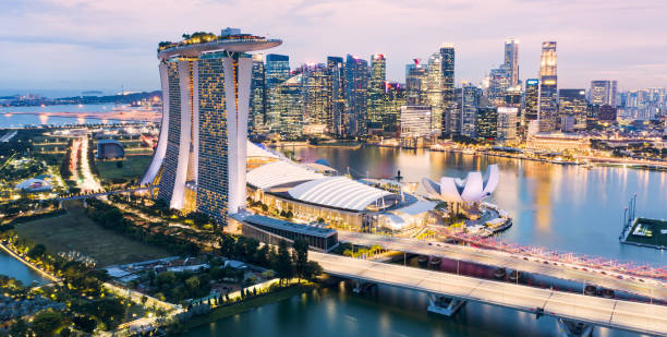 vista dall'alto, splendida vista aerea sullo skyline di singapore durante un bellissimo tramonto con il quartiere finanziario in lontananza. singapore. - singapore street business sky foto e immagini stock