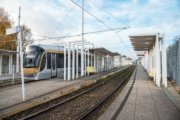 istock Deserted tram stop on a partly cloudy winter day 1257791033