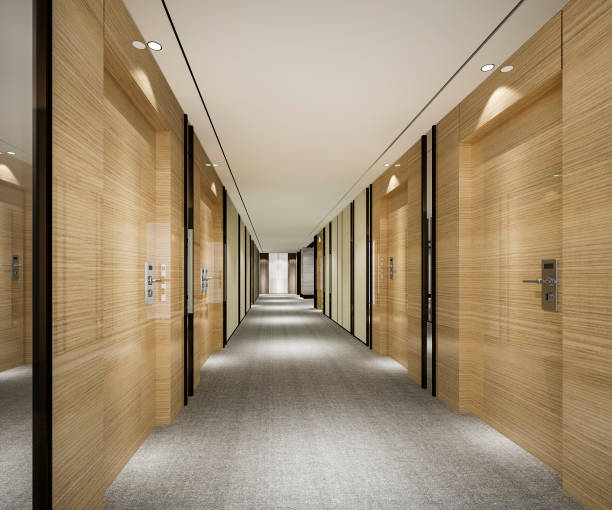 istock 3d rendering modern luxury wood and tile hotel corridor 1257791142