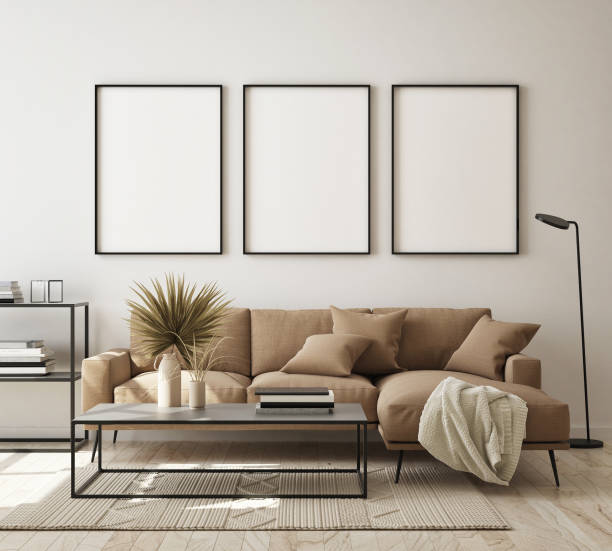 istock mock up poster frame in modern interior background, scandinavian style, 3D render 1257792622