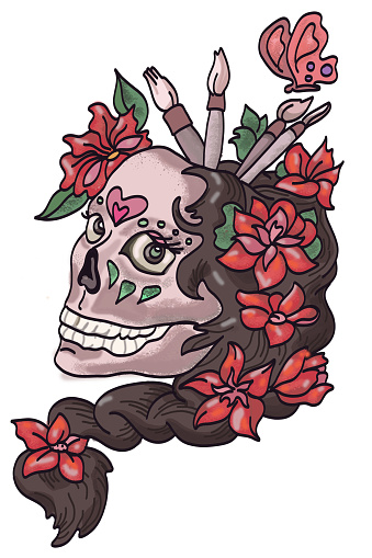 Art Doodles Woman Smiling Skull With Dark Long Hair And Red Flowers As A  Vase With Art Brushes Stock Illustration - Download Image Now - iStock