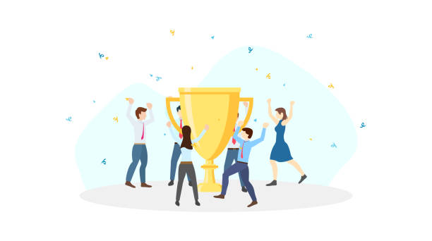 istock Business team celebration around big golden trophy for success in flat icon design on white colour background 1257794375