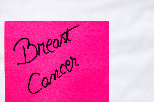 istock Breast cancer handwriting text close up isolated on pink paper with copy space. Writing text on memo post reminder 1257794666