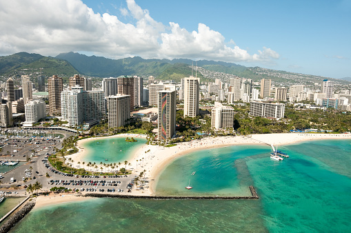 Waikiki beach from a helicopter.