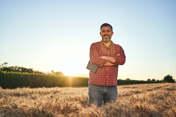 Modern proud rancher standing at his organic wheat field and holding digital tablet Proud mid adult hardworking farmer standing at the wheat field on his organic tablet with arms crossed while holding digital tablet wheat ranch stock pictures, royalty-free photos & images