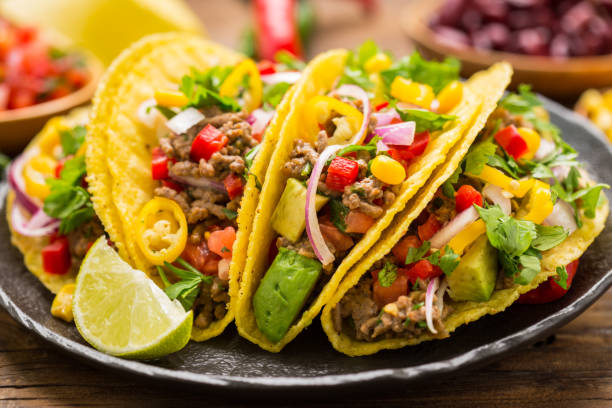 istock Mexican food - fresh tacos with ground meat 1257797574